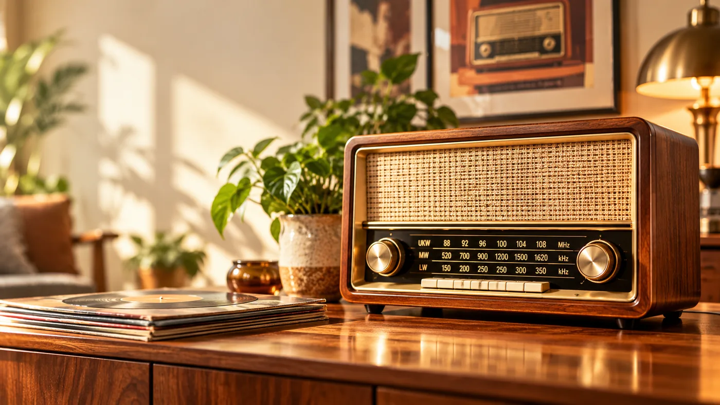 Klassisches Holzradio auf einem Sideboard in einem warm gestalteten Wohnzimmer